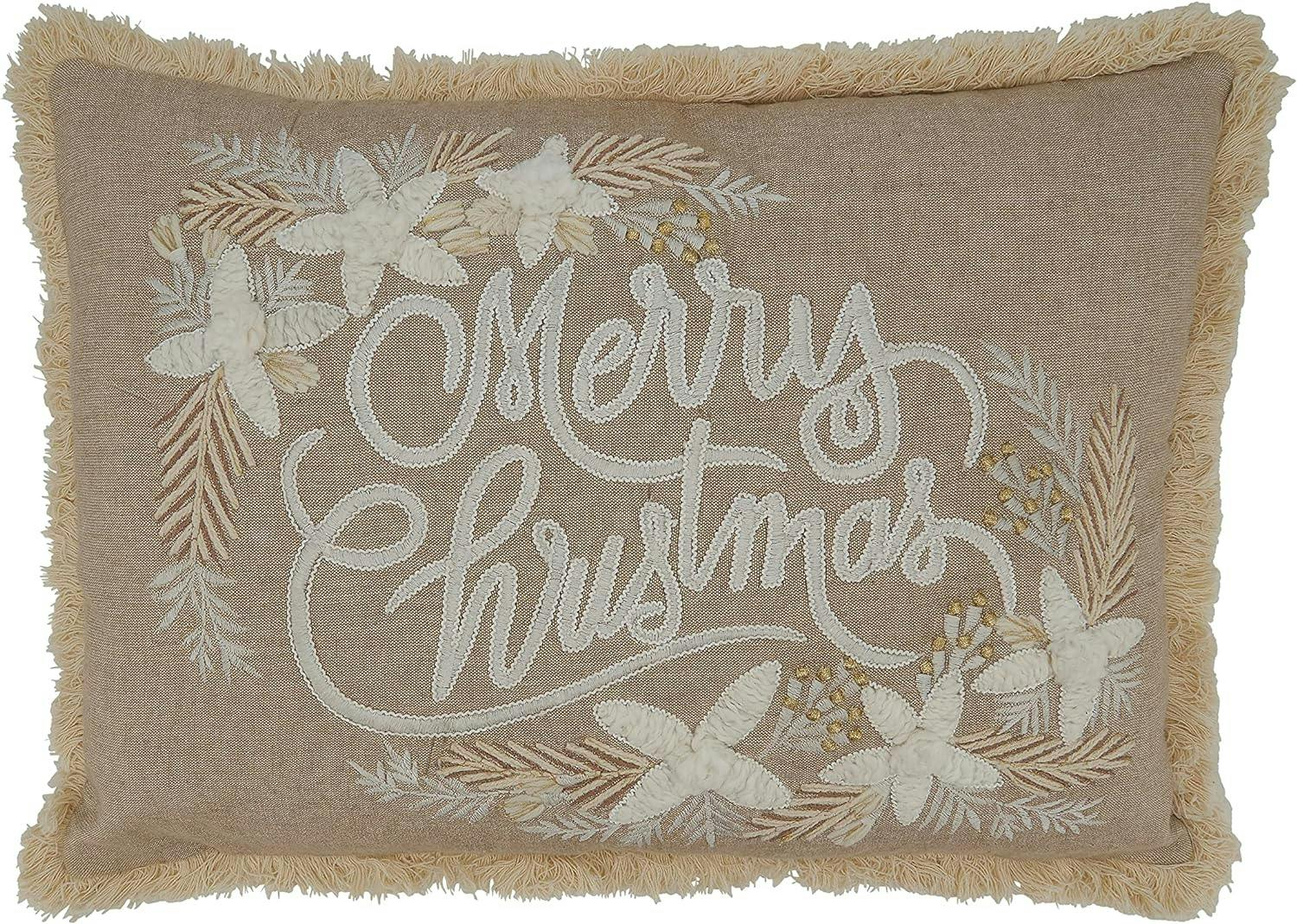 Natural Cotton Embroidered Merry Christmas 19.5" Throw Pillow Cover