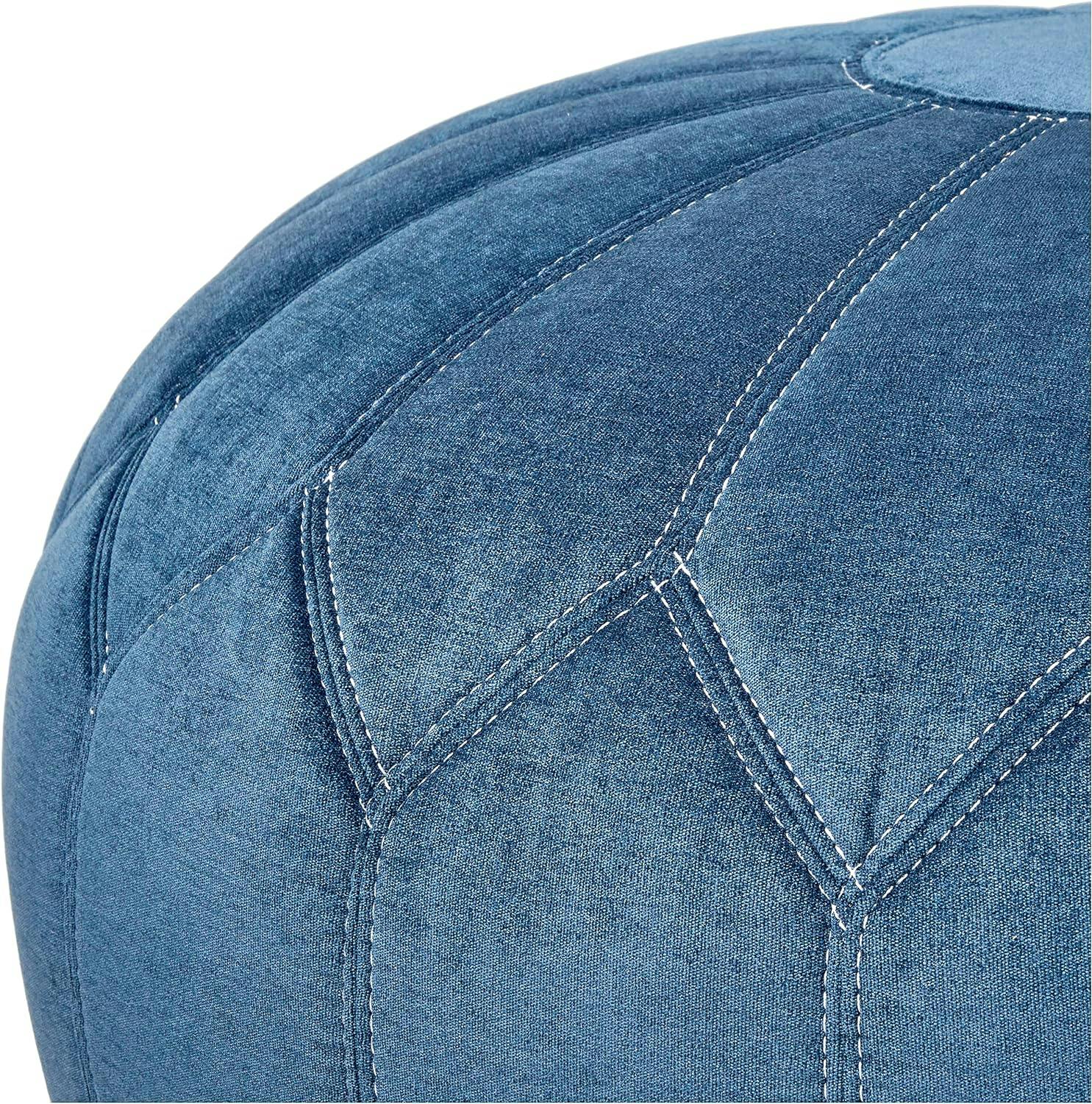 Blue Floral Oversized Round Pouf Ottoman with White Stitching