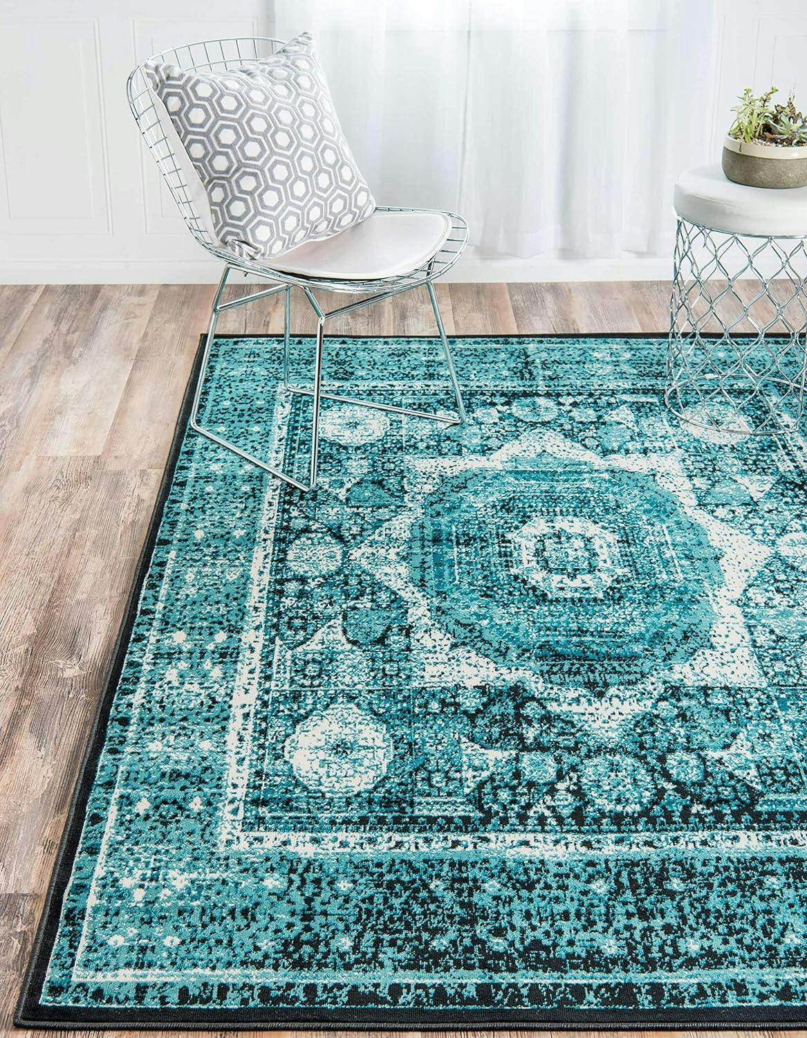 Rectangular Indoor Blue Floral Easy-Care Synthetic Area Rug