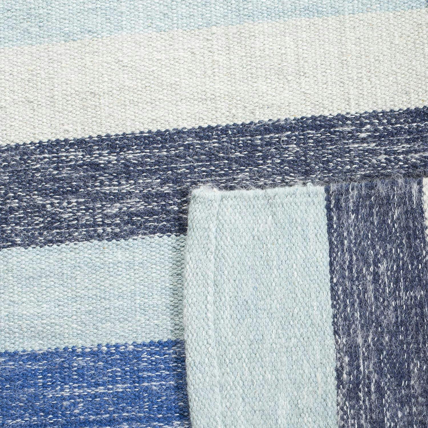 Bohemian Blue Stripe Handwoven Wool-Cotton Kids Area Rug 5'x8'