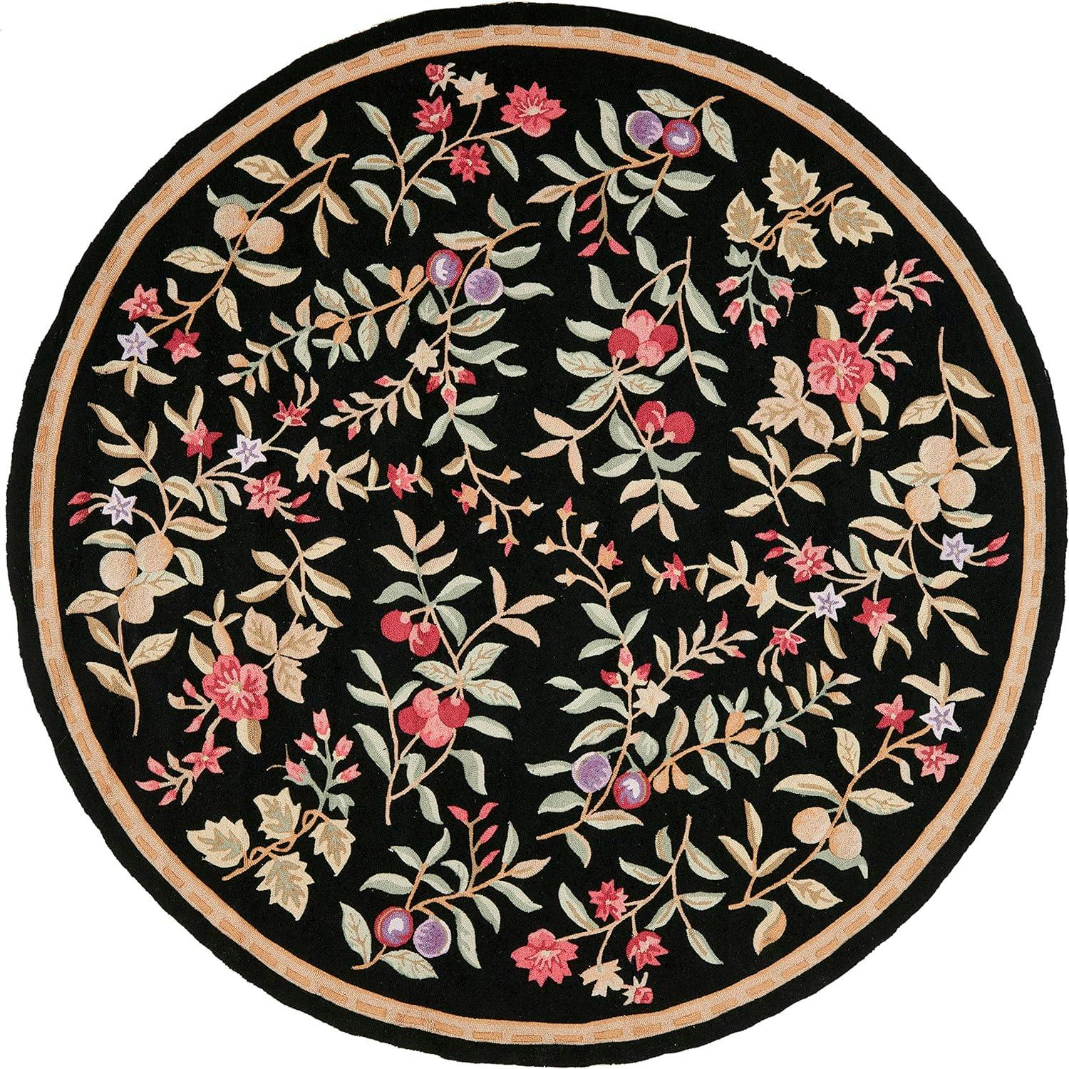 Elysian 8' Round Black Floral Synthetic Easy-Care Rug