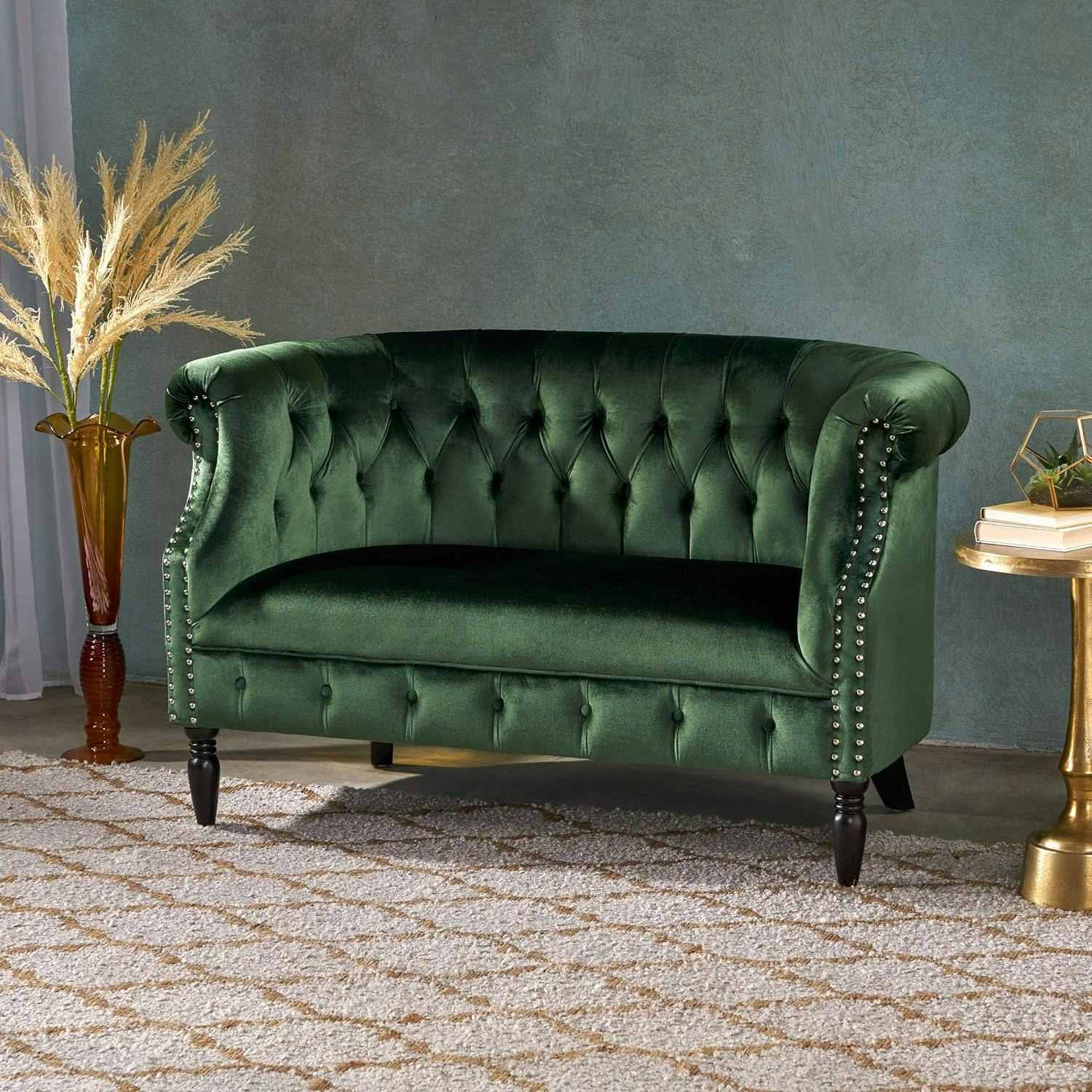 Emerald Velvet Chesterfield Loveseat with Nailhead Accents