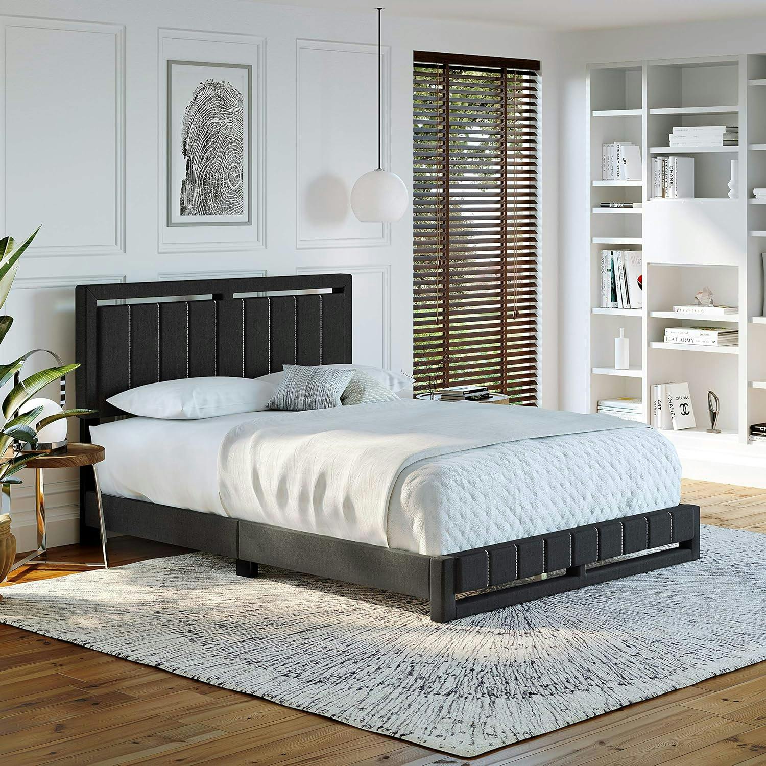 Elegant Charcoal Linen Queen Platform Bed with Tufted Headboard