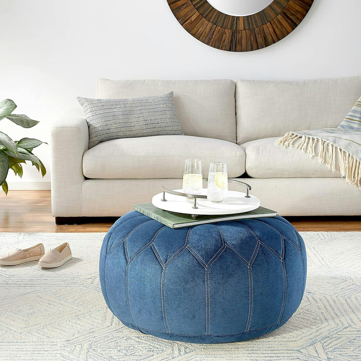 Blue Floral Oversized Round Pouf Ottoman with White Stitching