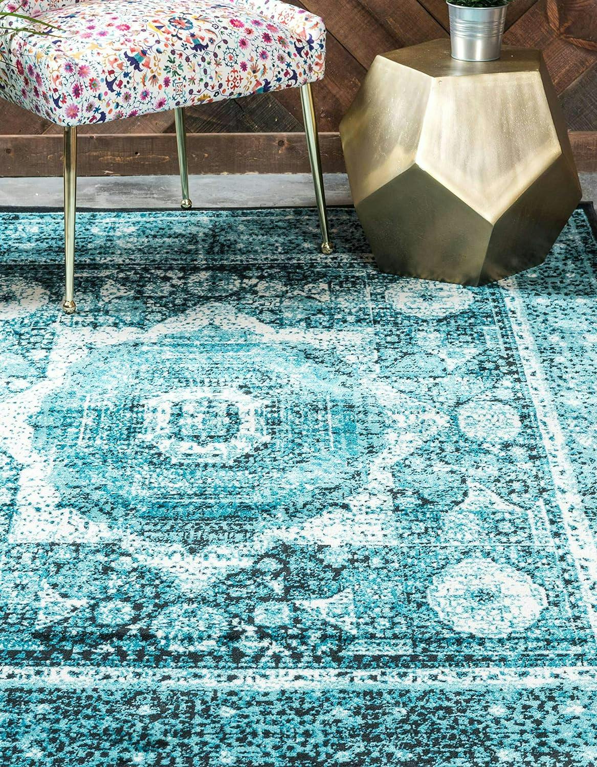 Rectangular Indoor Blue Floral Easy-Care Synthetic Area Rug