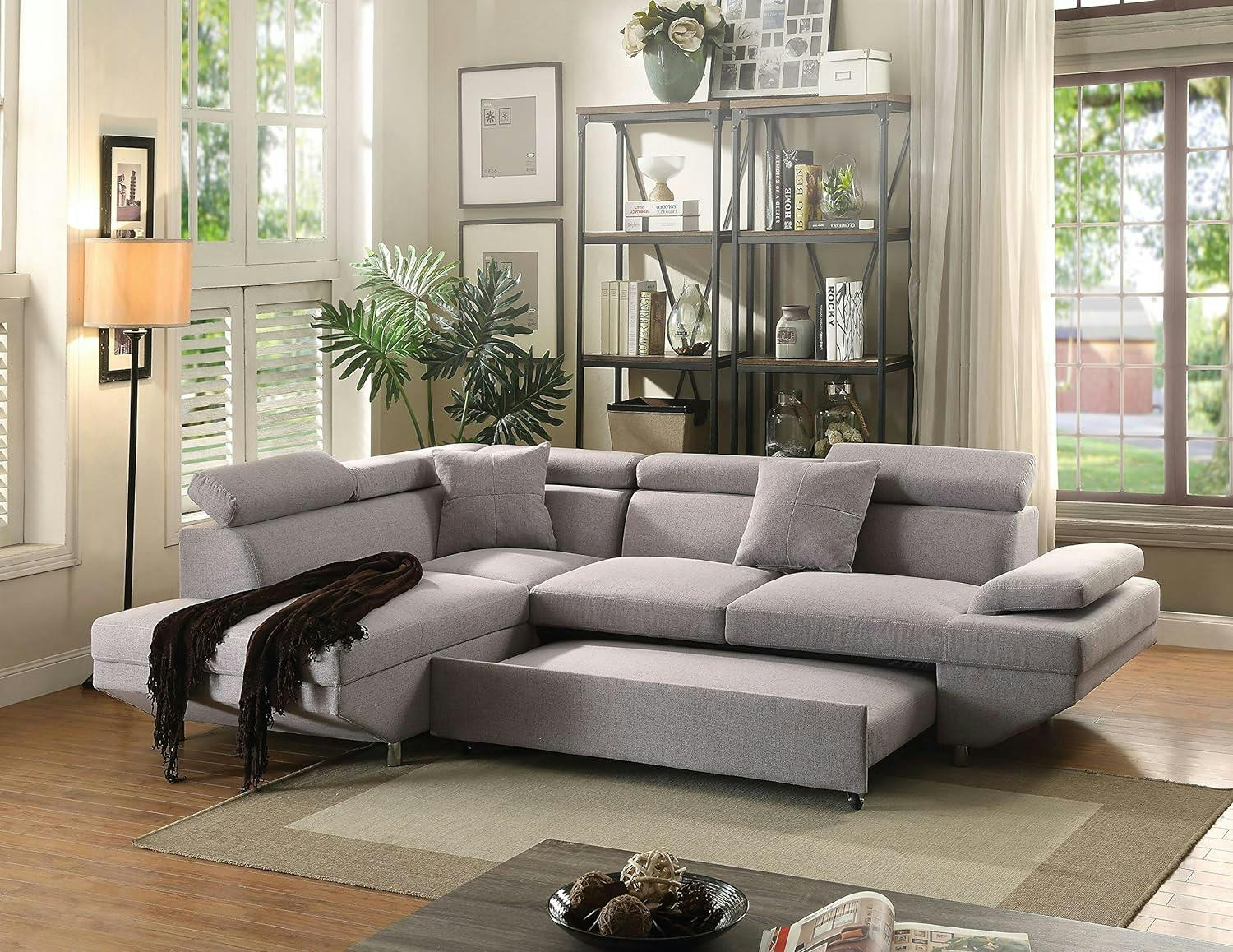 Cozy Gray Fabric Two-Piece Sectional Sofa with Wood Accents
