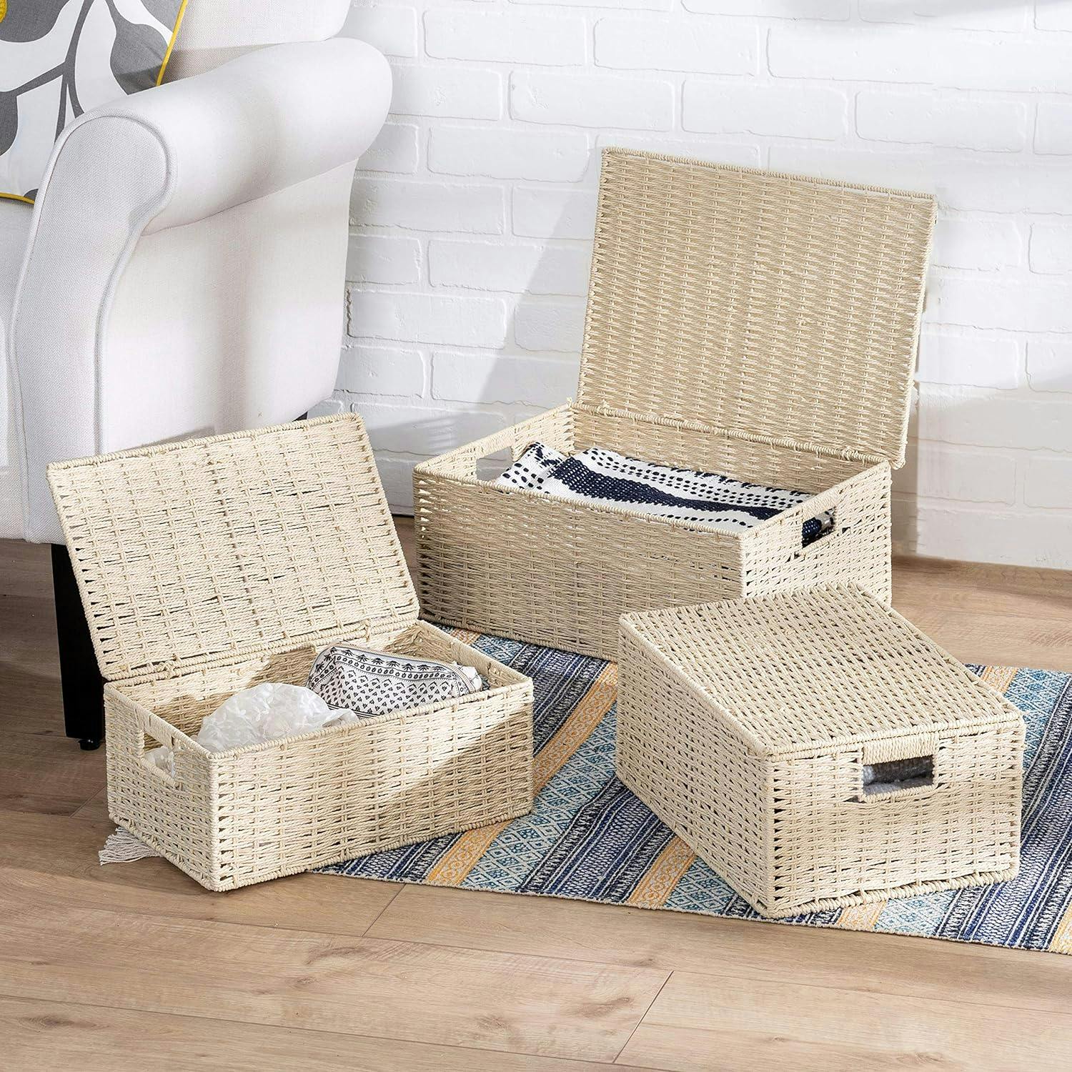 Natural Paper Rope Cord Storage Basket Trio with Lids