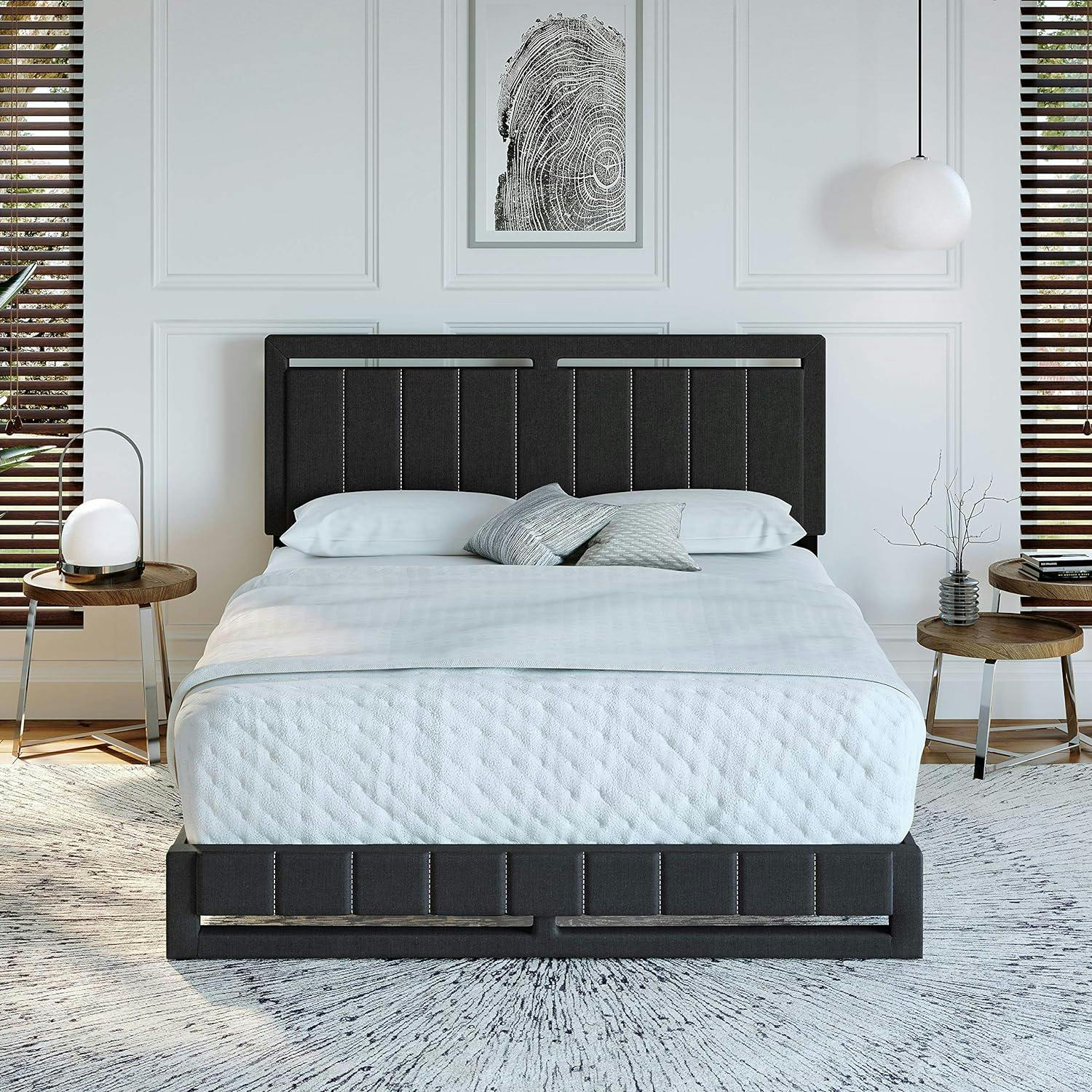 Elegant Charcoal Linen Queen Platform Bed with Tufted Headboard