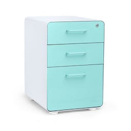 Poppin Stow 3-Drawer Metal Filing Cabinets for Home Office, Powder-Coated Steel File Cabinet Organizer for Hanging File Folders, Under Desk Storage Box with Drawers and Lock, White and Pool Blue