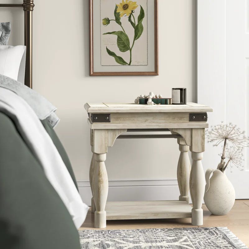 Farmhouse White Regan Rectangular Chairside Table with Metal Accents