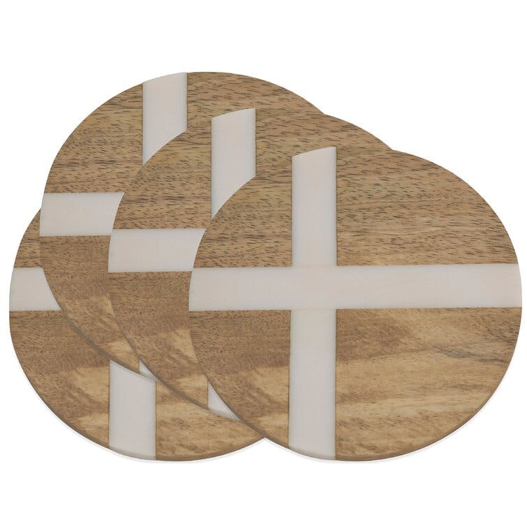 Cross Inlay 4" Round Wooden Coaster Set