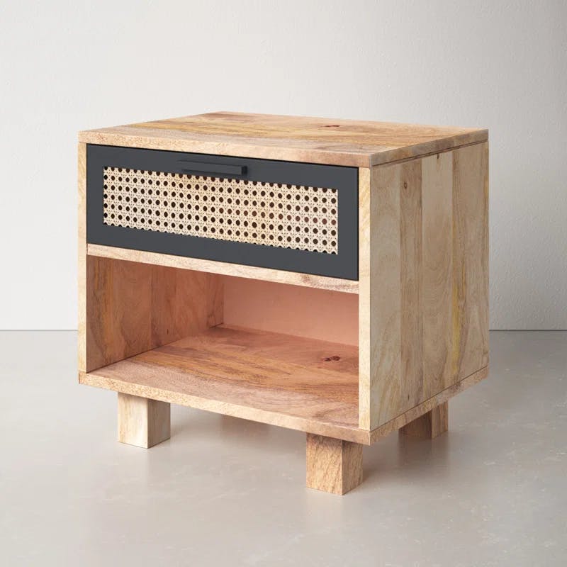 Scandinavian Inspired Mango Wood & Woven Cane Nightstand with Drawer