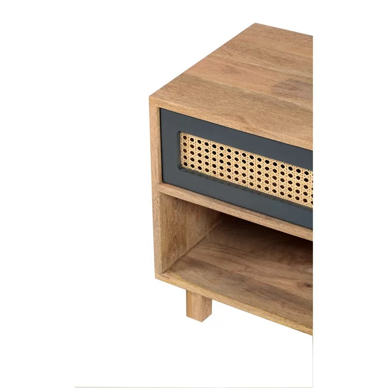 Scandinavian Inspired Mango Wood & Woven Cane Nightstand with Drawer