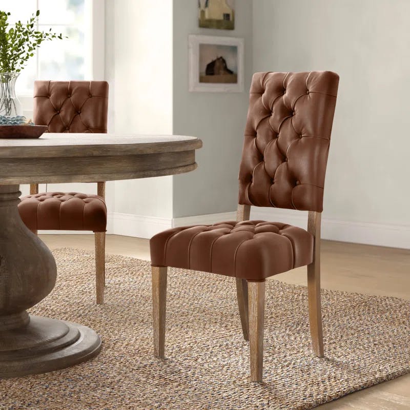 Cognac Brown Upholstered Faux Leather Side Chair with Weathered Wood Legs