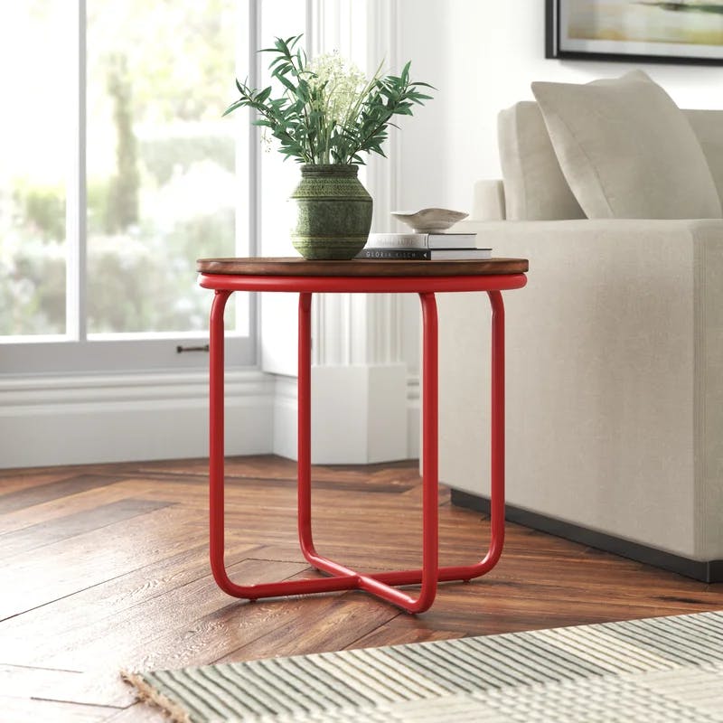 Industrial Chic Round Bunching Table in Red & Brown Wood