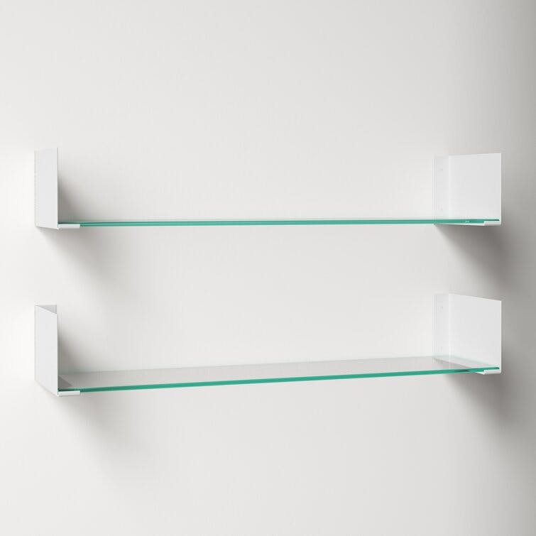 Kate and Laurel Rodi Modern Glass and Metal Shelf Set, Set of 2, White, Floating Book Shelves for Wall