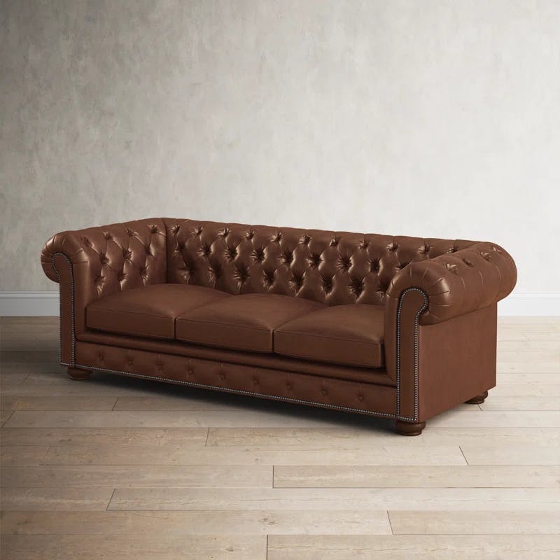 Cobblestone Camel 95'' Rolled Arm Chesterfield Sofa with Nailhead Details