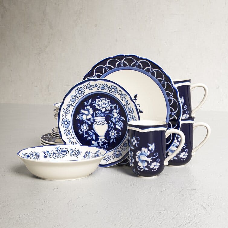 Euro Ceramica Blue Garden 16-Piece Hand-Painted Dinnerware Set- New