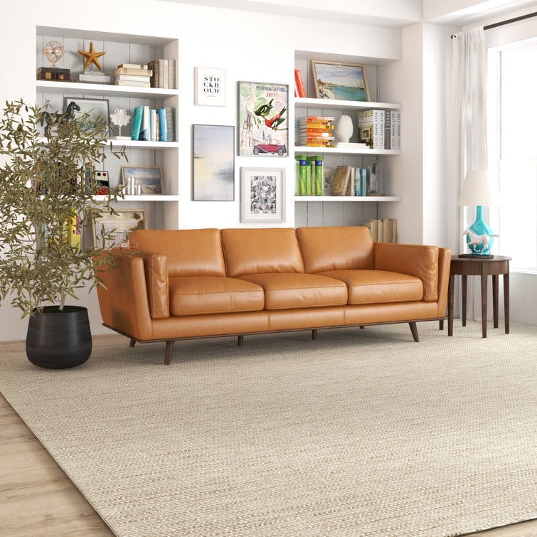 Lidia 89'' Mid-Century Modern Furniture Comfy Genuine Leather Sofa