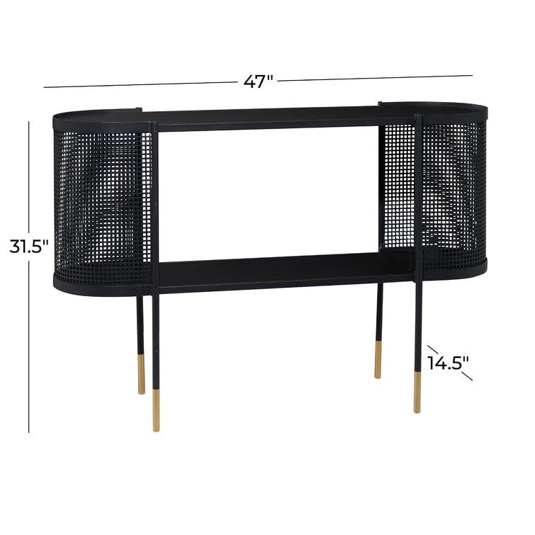 Linden Black Metal Mesh Side Panel 1 Shelf Console Table with Open Center Storage