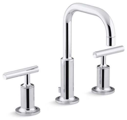 Purist® Widespread Faucet with Drain Assembly Low Lever Handles and Low Gooseneck Spout