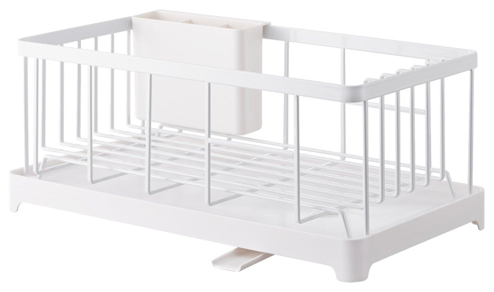 Yamazaki Home Wire Dish Drainer Rack with Removable Drainer Tray with Spout, Utensils Holder, Steel