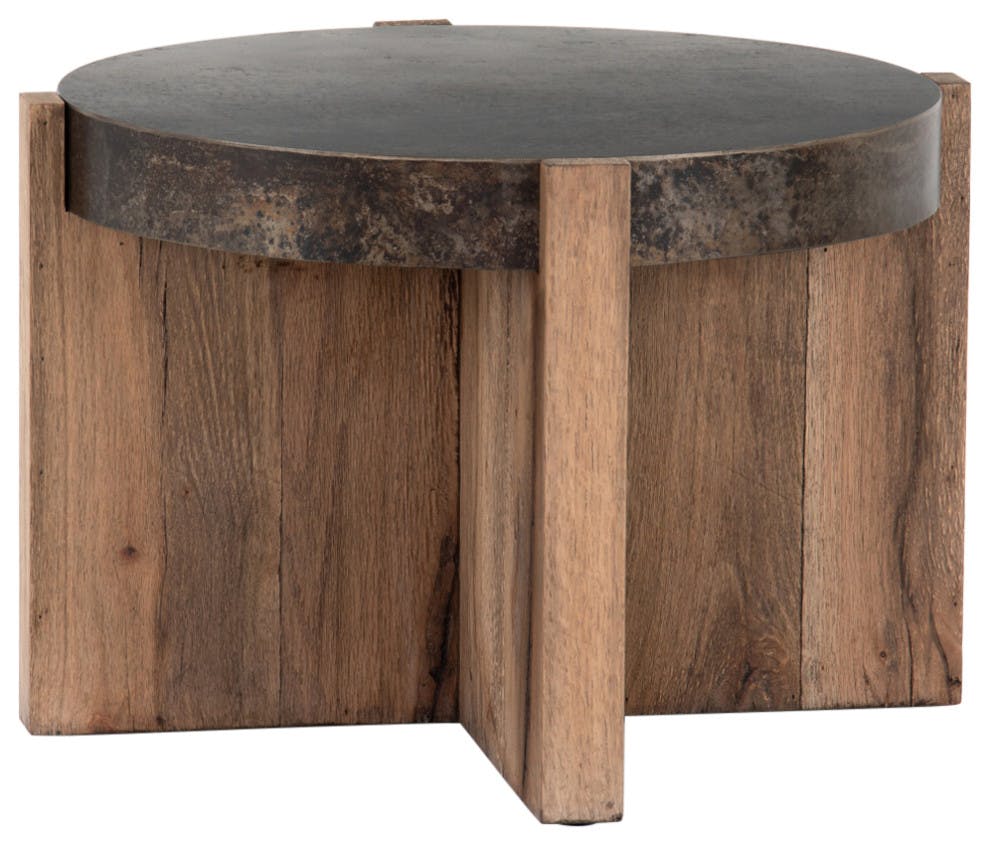 Irminie Rustic Oak Wood and Black Iron Round Side Table