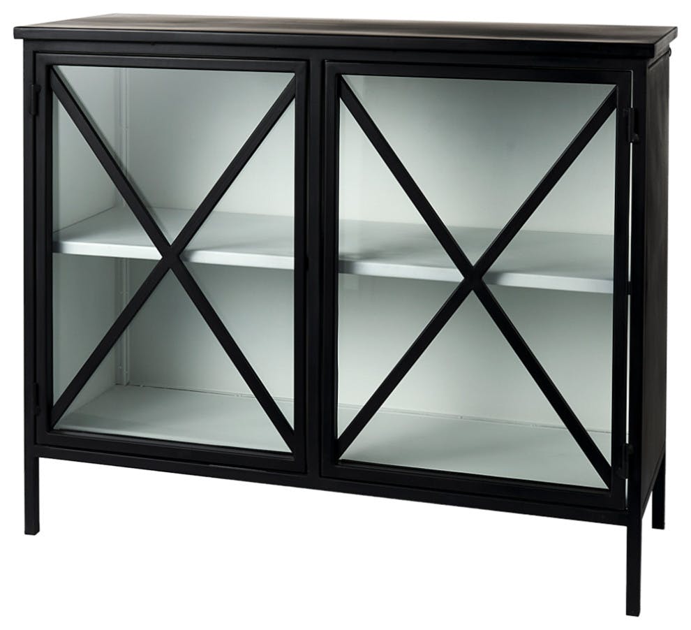Aurelia Black Metal 2-Door Glass Accent Cabinet with White Interior