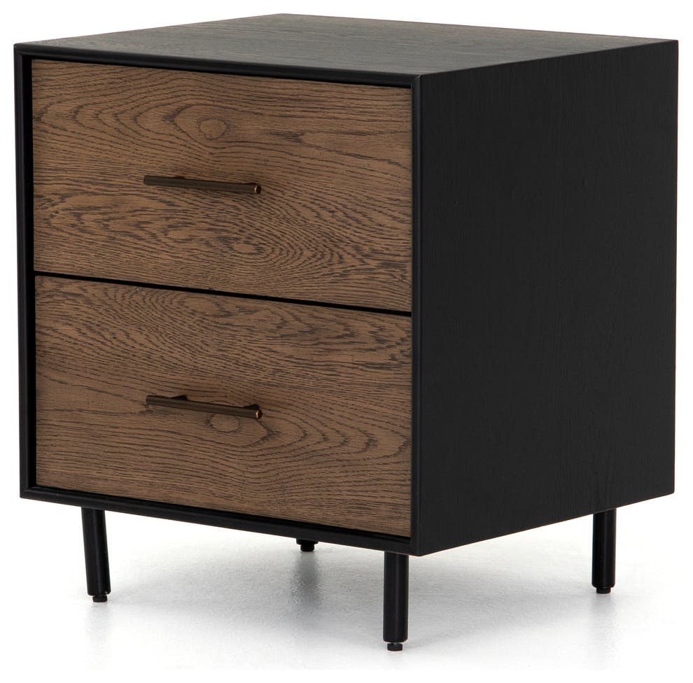 August Dual Inset Drawer Nightstand in Black-Brushed Oak with Brass Hardware