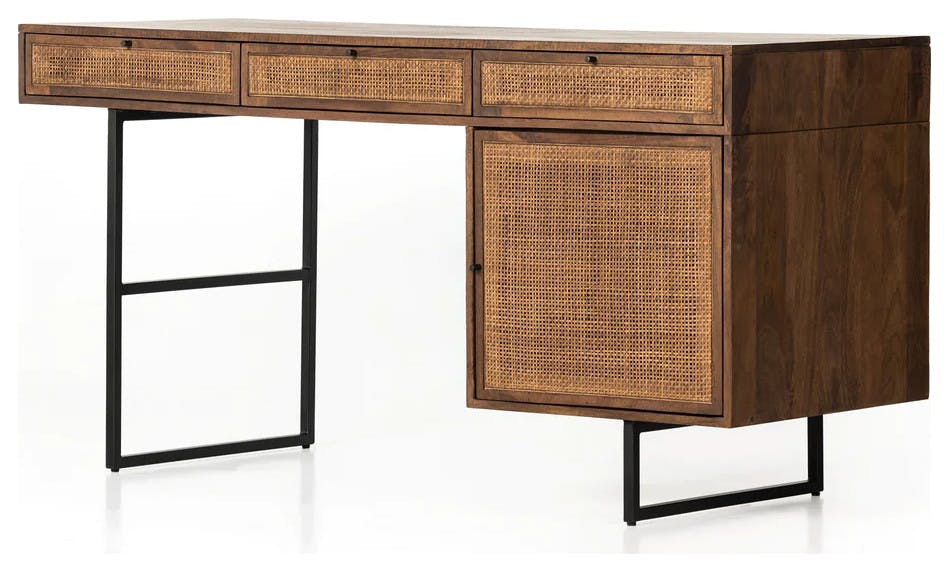 Carmel Brown-Washed Mango Wood Executive Desk with Cane Accents