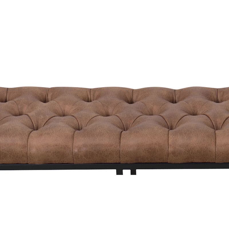 Draper 53'' Faux Brown Leather Tufted Bench with Metal Base