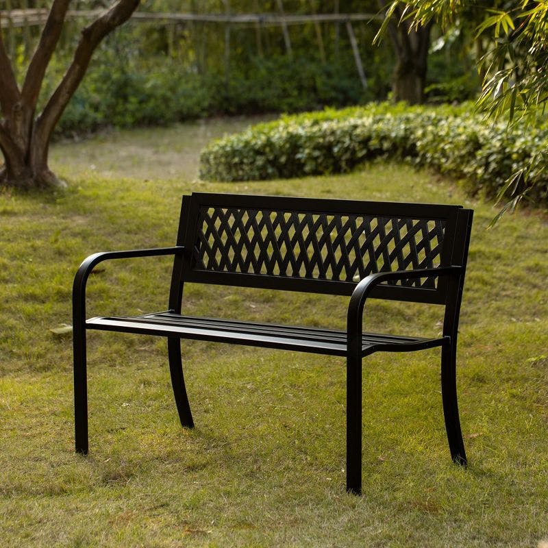 Elegant 47" Black Steel Outdoor Bench with Curved PVC Mesh Backrest