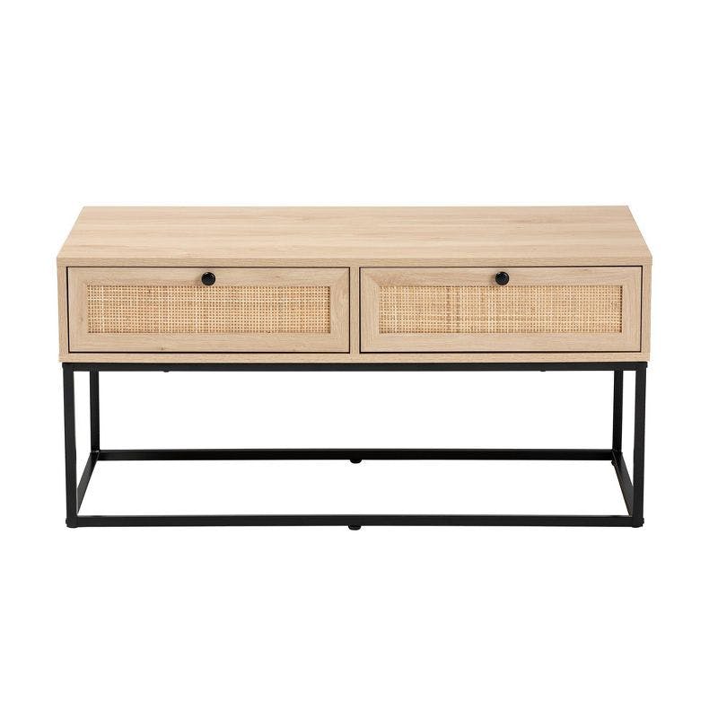 Transitional Natural Brown Wood 2-Drawer Coffee Table with Renaissance Rhapsody Accents