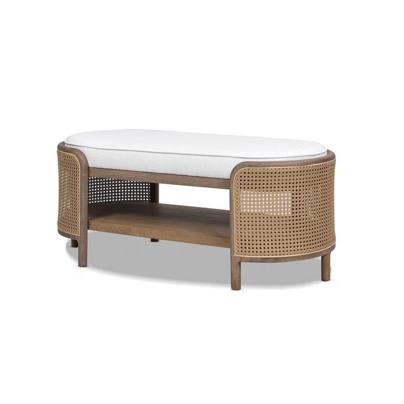 Eggshell White Linen Oval Storage Bench with Cane Rattan Weave