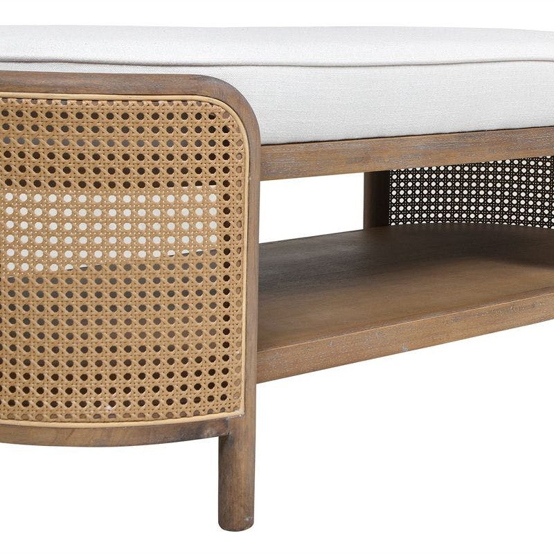 Eggshell White Linen Oval Storage Bench with Cane Rattan Weave