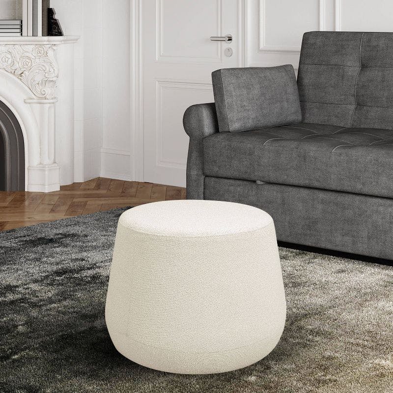 Snow Thimble-Shaped Round Ottoman in Soft Grey Sherpa