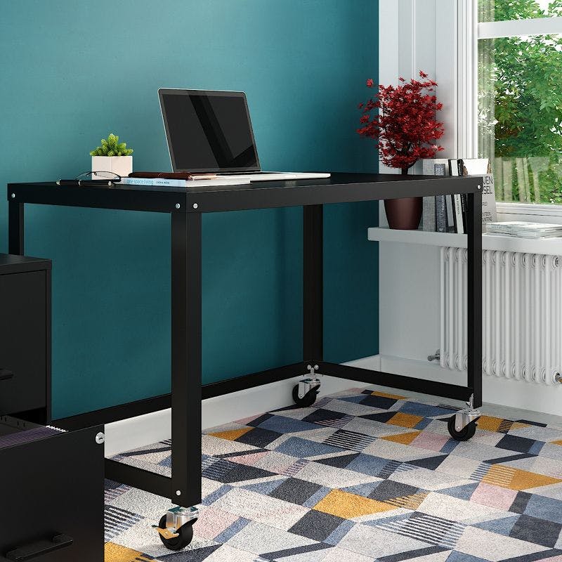 Modern Mobile 48" Black Steel Home Office Desk with Filing Cabinet