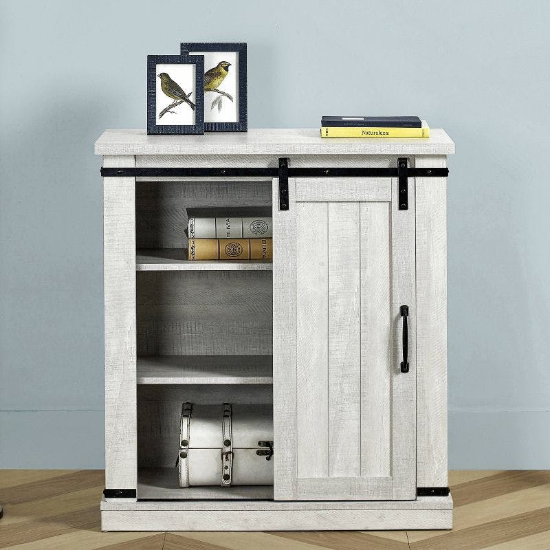 Saw Cut Off-White Compact TV Stand with Barn Door Cabinet