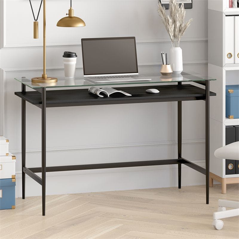 Eaton 46" Blackened Bronze Desk with Glass Top and Woodgrain Shelf