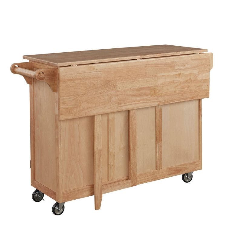 Natural Oak Drop-Leaf Rectangular Kitchen Cart with Spice Rack and Storage