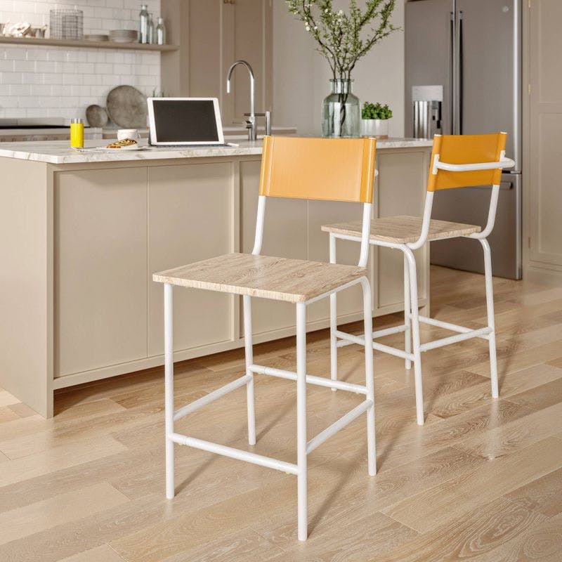 Boulevard Modern Counter-Height Stool with Faux Leather and Woodgrain Seat