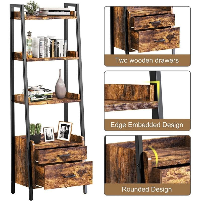Rustic Brown Ladder Bookcase with Metal Frame and 2 Drawers