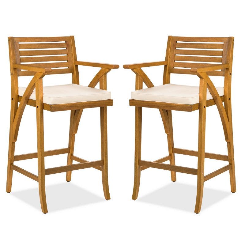 Teak Finish Acacia Wood Outdoor Bar Stools with Weather-Resistant Cushions
