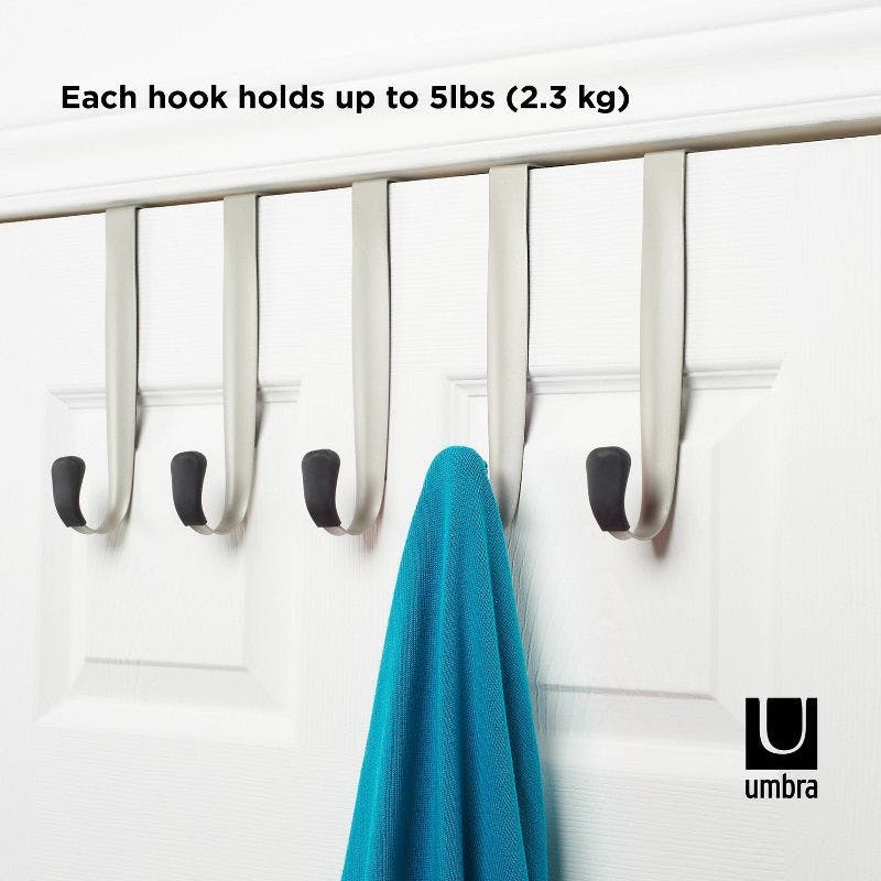 Sleek Nickel Finish Over-the-Door 5-Hook Rack with Protective Rubber