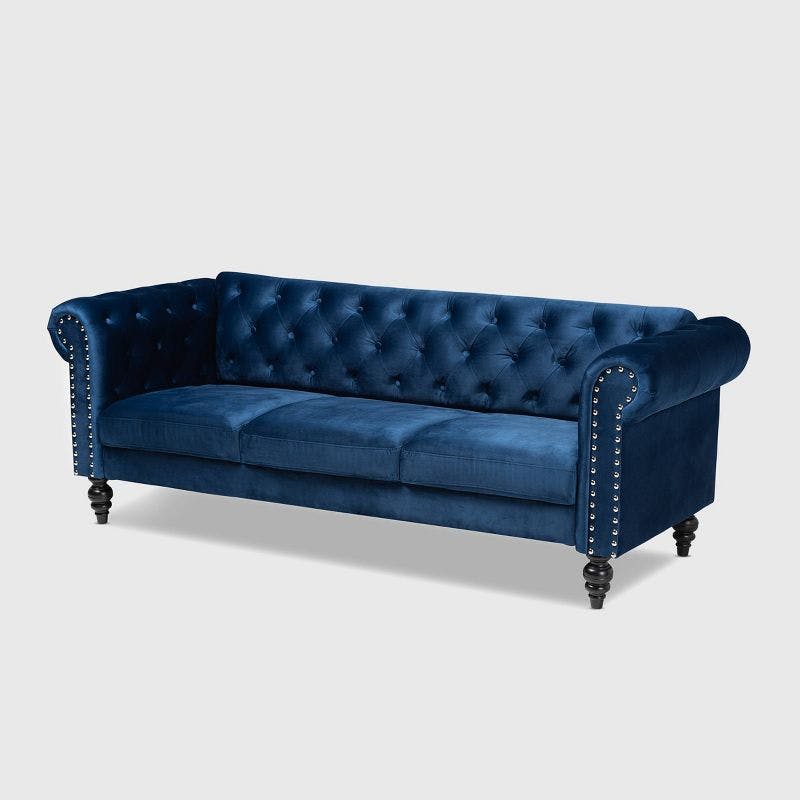 Elegant Black Velvet Chesterfield Sofa with Nailhead Accents and Wood Feet