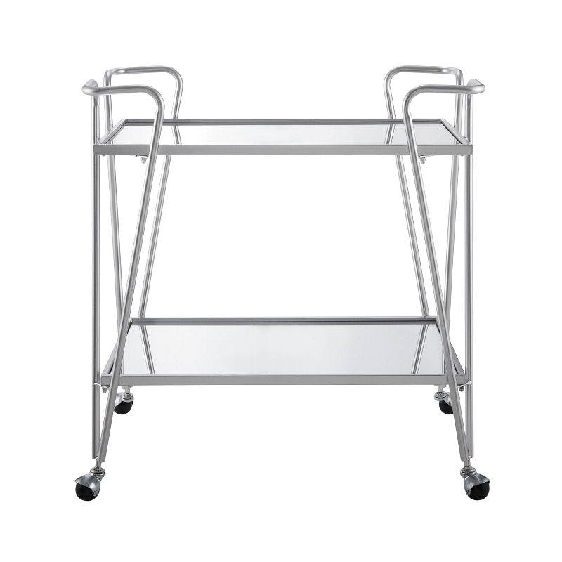 Mid-Century Modern Silver Mirrored Rectangular Bar Cart with Storage