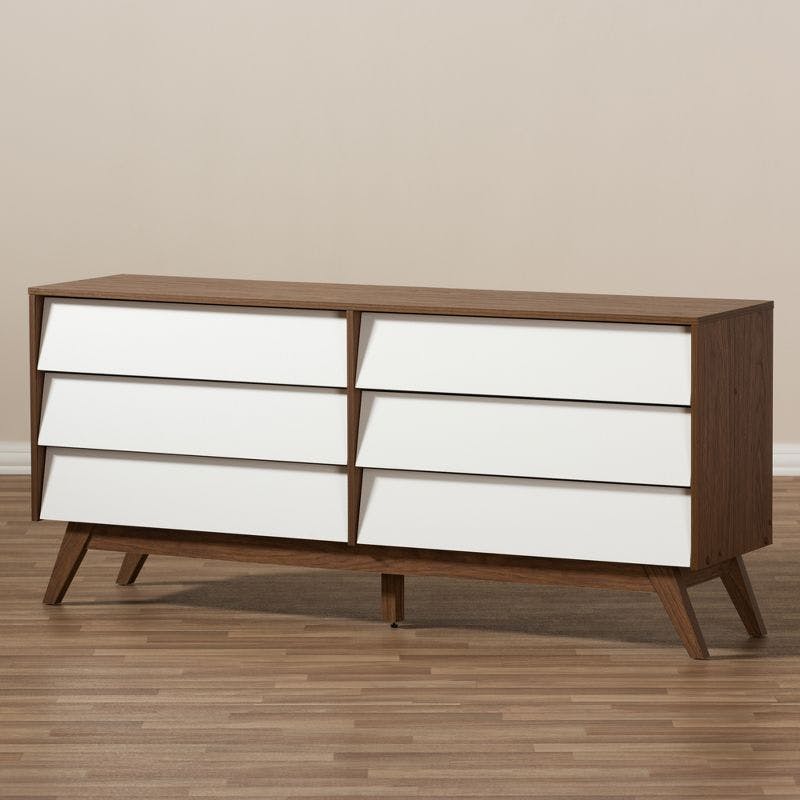 Mid-Century Modern White & Walnut 6-Drawer Storage Dresser