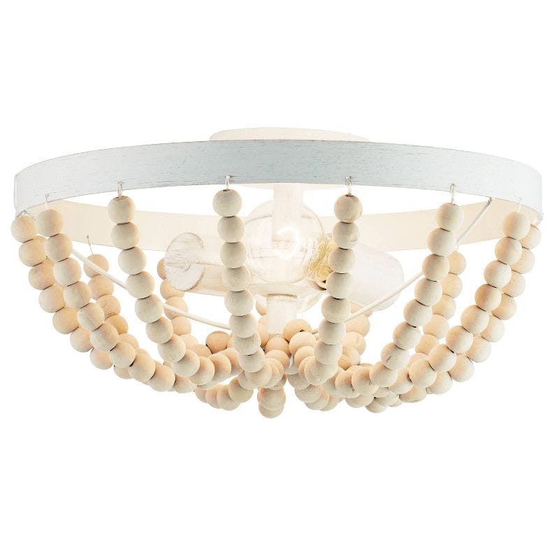 Bohemian 17" White Glass Bowl Semi-Flush Mount with Wooden Beads