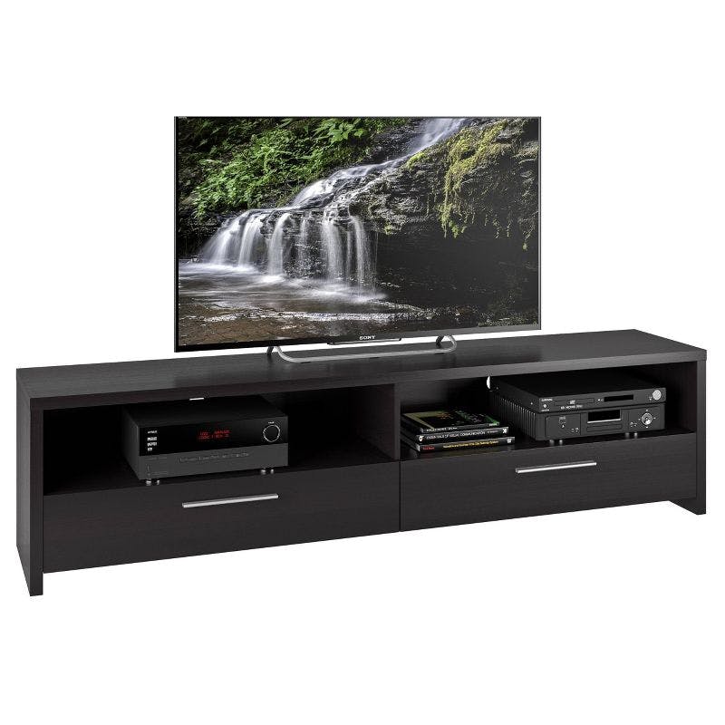 Black Faux Wood Grain 75'' TV Stand with Cabinet and Drawers