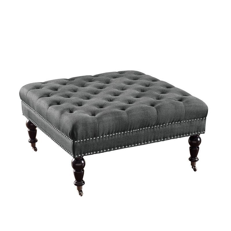 Isabelle Charcoal Linen 35" Square Tufted Ottoman with Nailhead Trim